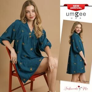 Umgee Floral Embroidery V-Neck Relaxed Fit Corduroy Babydoll Mini Dress | Teal